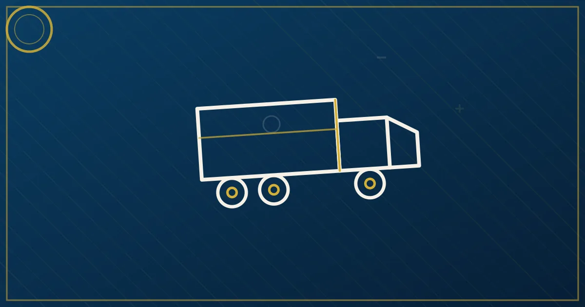 Line-art semi and box truck at distribution hub with poultry plant, river barge, and Ozark hills for Arkansas dispatch