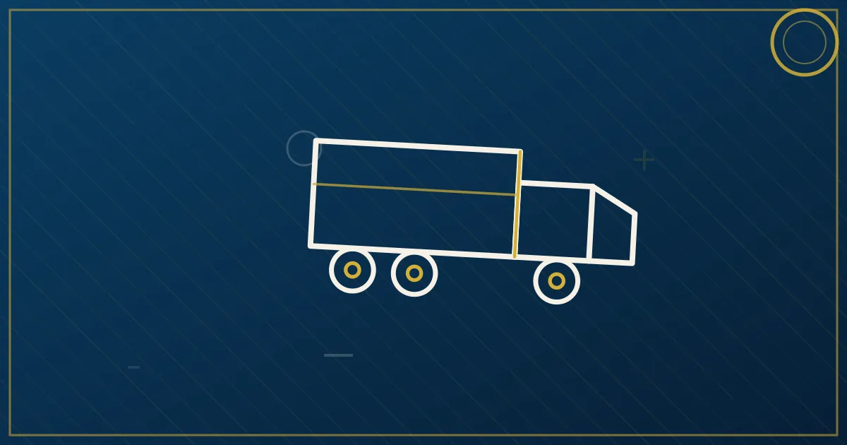 Lapis-blue and gold abstract art of a semi truck near the Austin downtown skyline and Texas State Capitol