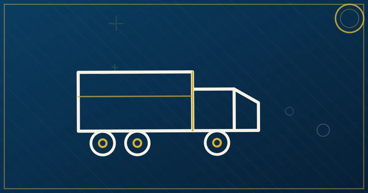 Lapis-blue and gold semi-truck illustration near the Bakersfield skyline and southern Sierra foothills, no text
