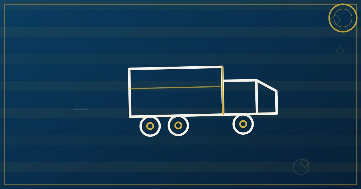 Lapis-blue and gold abstract art of a semi truck near the Louisiana State Capitol and Mississippi River bridges