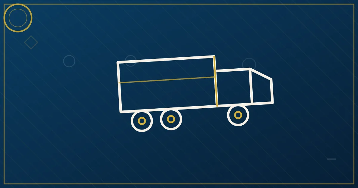 Lapis-blue and gold abstract art of a semi truck on a highway through big-sky ranch country with distant mountains