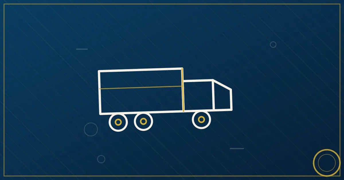 Lapis-blue and gold abstract art of a semi truck on a mountain highway with farmland and distant peaks