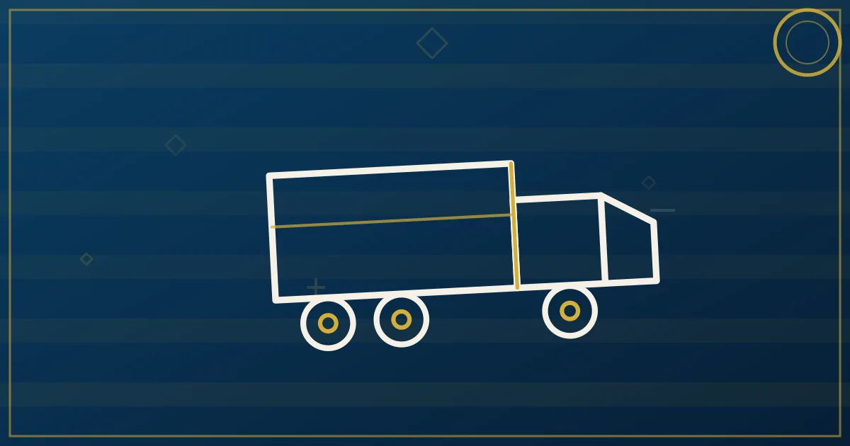 Lapis-blue and gold abstract art of a semi truck near port cranes and cargo ships at a deepwater harbor