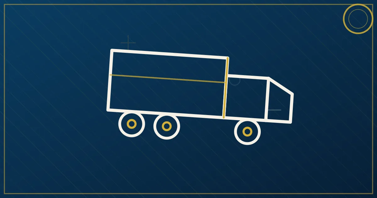 Lapis-blue and gold semi-truck illustration near the Buffalo waterfront and Peace Bridge, no text