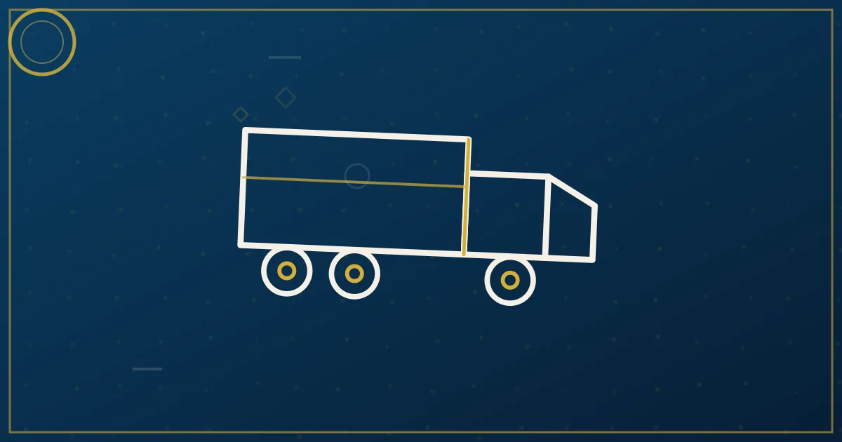 Lapis-blue and gold abstract art of a semi truck on a highway bridge over a wide river with forested ridges