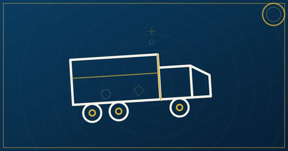 Lapis-blue and gold abstract art of a semi truck near the downtown Cincinnati skyline and Ohio River