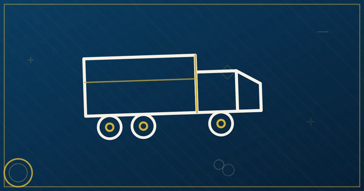 Lapis-blue and gold abstract art of a semi truck near the downtown Cleveland skyline and Lake Erie shoreline