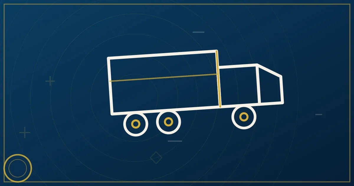 Lapis-blue and gold abstract art of a semi truck on a highway toward a distant port with cranes on the horizon