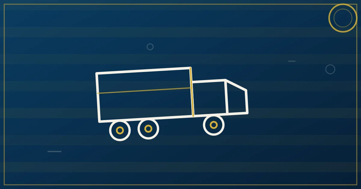 Lapis-blue and gold abstract art of a semi truck at a cloverleaf interstate interchange with industrial buildings