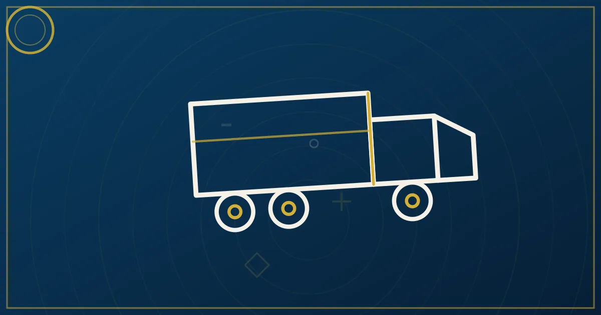 Lapis-blue and gold abstract art of a semi truck near the Denver skyline with the Rocky Mountain Front Range
