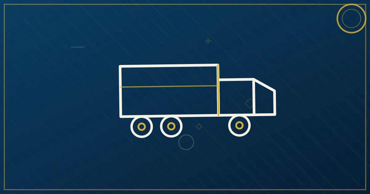 Lapis-blue and gold abstract art of a semi truck at a prairie highway interchange with grain elevators on the horizon