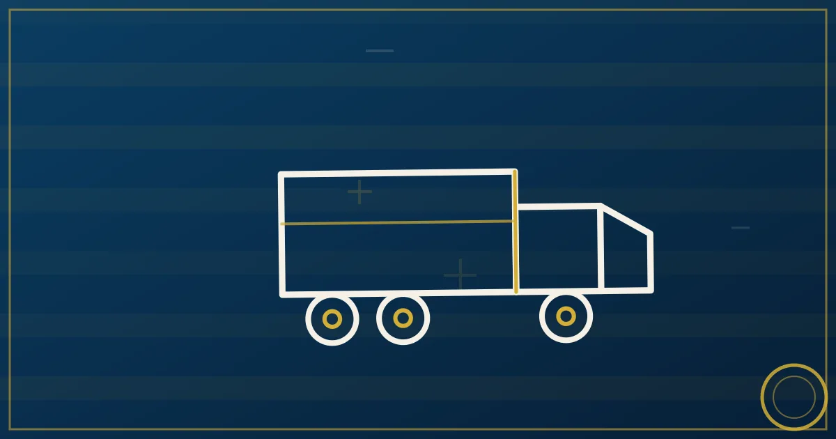 Lapis-blue and gold abstract art of a semi truck near the Detroit skyline and Ambassador Bridge over the Detroit River