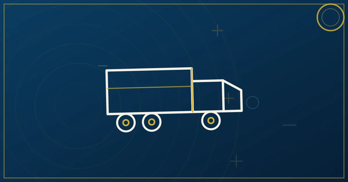 Lapis-blue and gold semi-truck illustration near the Fargo downtown skyline and Red River Valley, no text