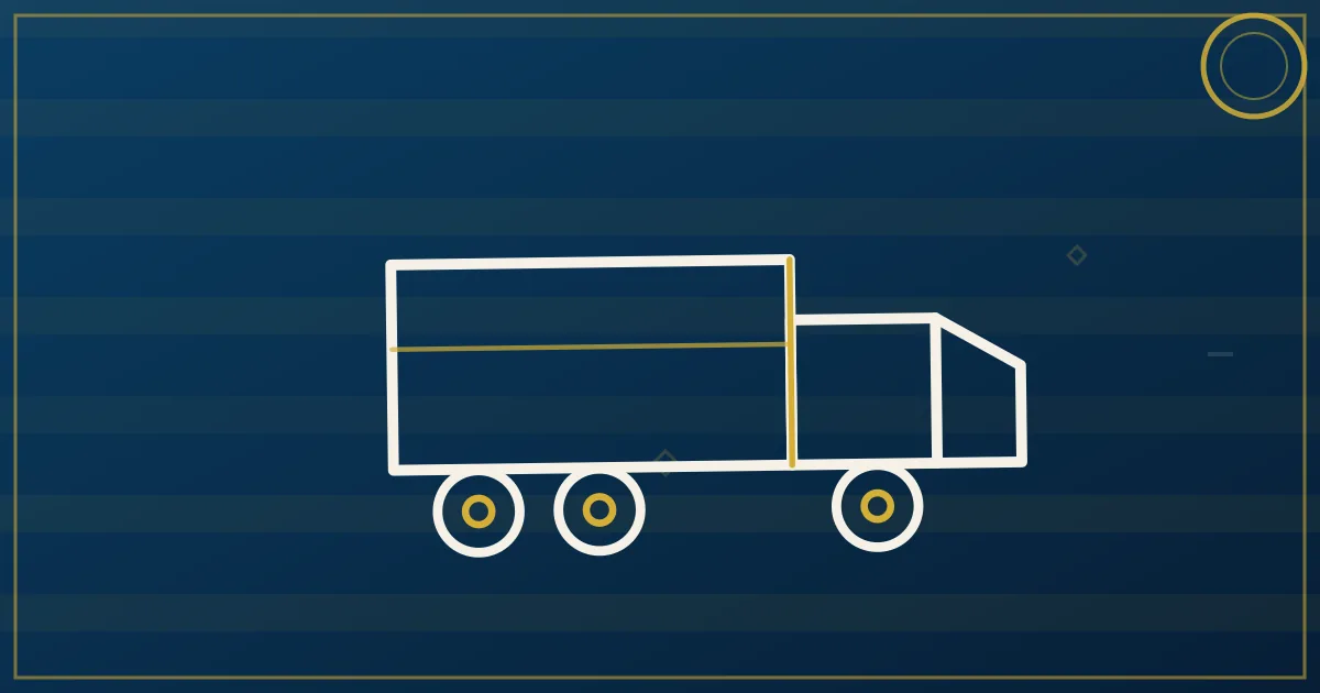 Lapis-blue and gold abstract art of a semi truck on a highway past industrial plants with smokestacks