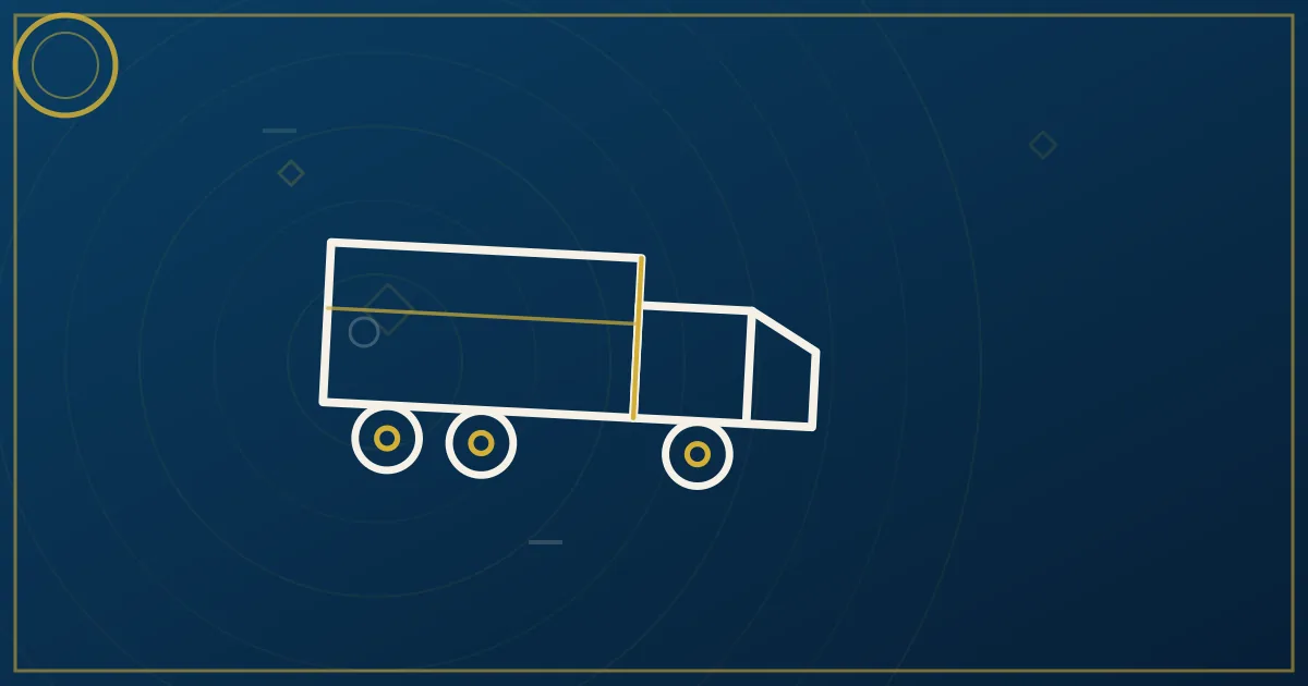 Lapis-blue and gold semi-truck illustration near the Fresno skyline and Sierra Nevada foothills, no text