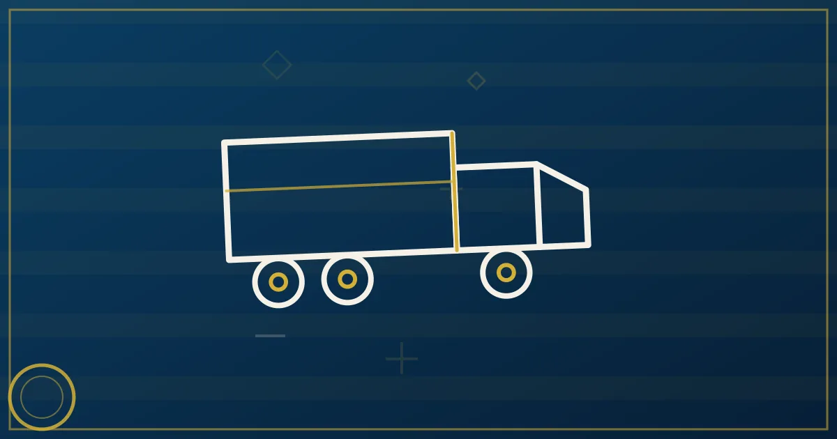 Line-art port crane lifting a container beside a highway interchange, with factory and poultry-barn silhouettes inland