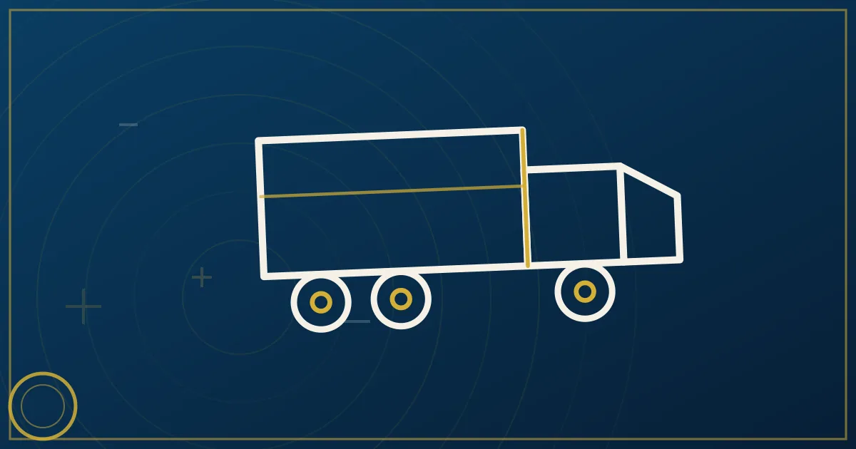 Lapis-blue and gold abstract art of a semi truck on a highway through rolling green hills with factory buildings