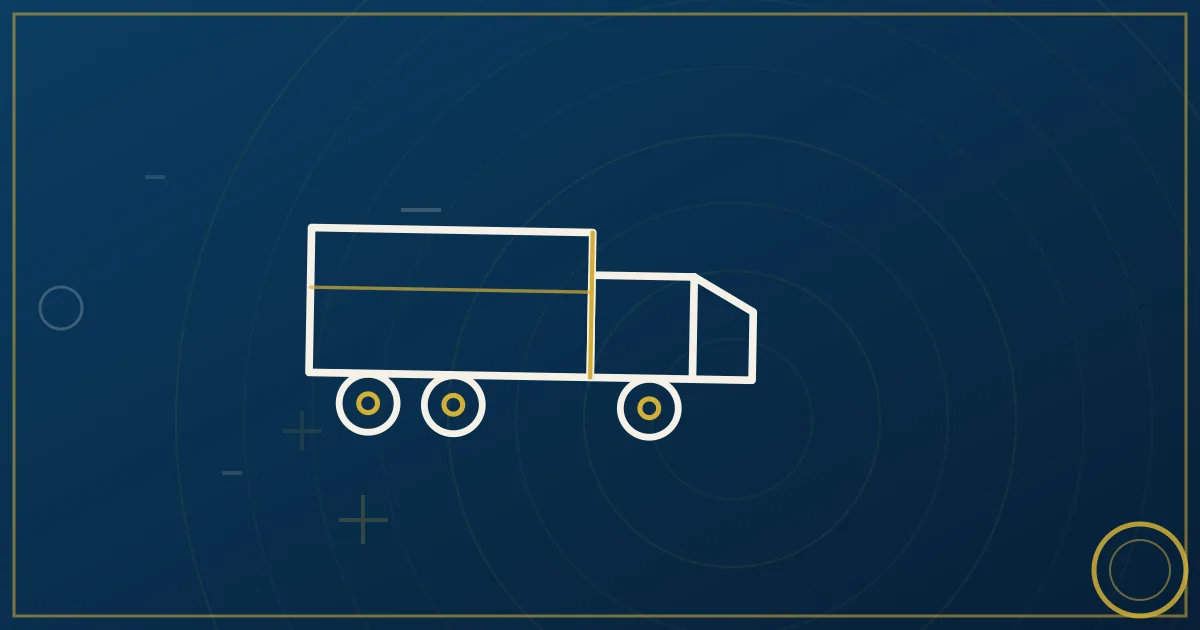 Lapis-blue and gold abstract art of a refrigerated semi truck on a highway along a great lake shoreline