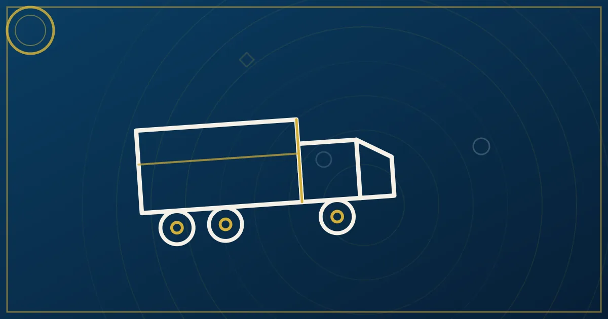 Lapis-blue and gold abstract art of a semi truck near an airport cargo facility at night with runway lights