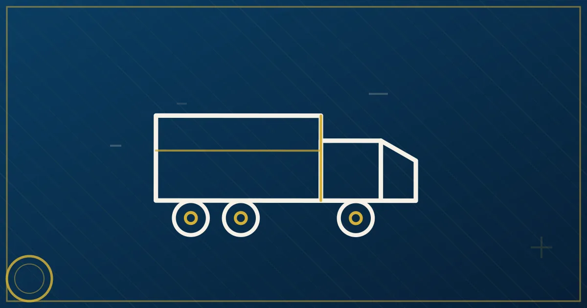 Lapis-blue and gold abstract art of a semi truck on a highway past massive warehouse distribution centers