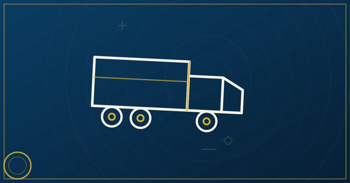 Lapis-blue and gold abstract art of a semi truck near a highway interchange over the Connecticut River at dusk