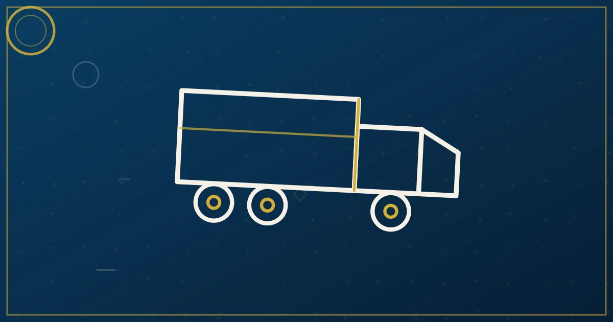 Lapis-blue and gold abstract art of a semi truck near the Houston Ship Channel and downtown skyline