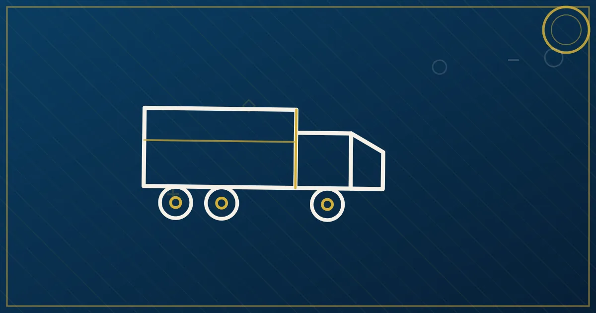 Lapis-blue and gold abstract art of a semi truck on a highway with a rocket launch facility silhouette on the horizon