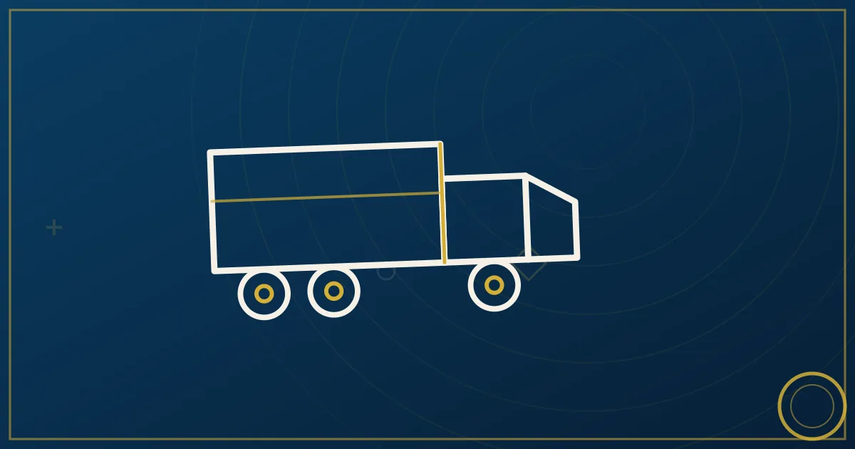 Line-art highway crossroads with route ribbons in four directions, an RV and steel coils as cargo icons