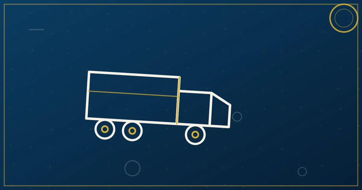Lapis-blue and gold abstract art of a semi truck on a highway through southern pine forest with a distant city skyline