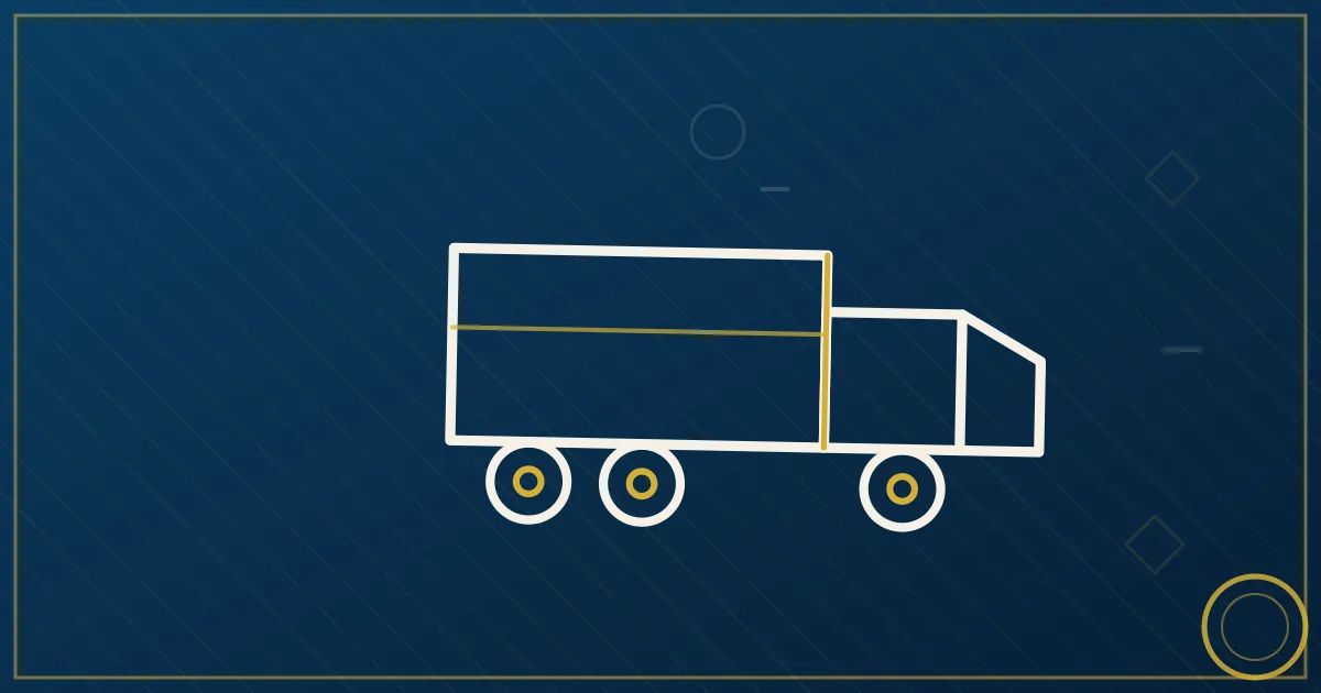 Lapis-blue and gold abstract art of a semi truck near the downtown Kansas City skyline and Missouri River bridges