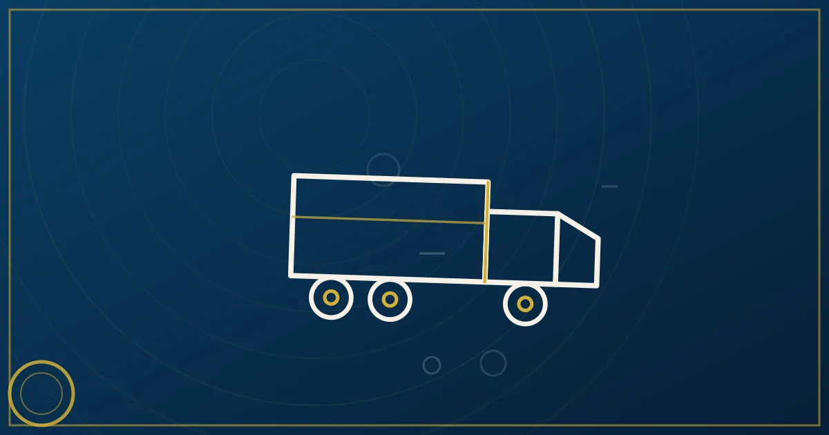 Lapis-blue and gold abstract art of a semi truck on a highway through green Appalachian foothills
