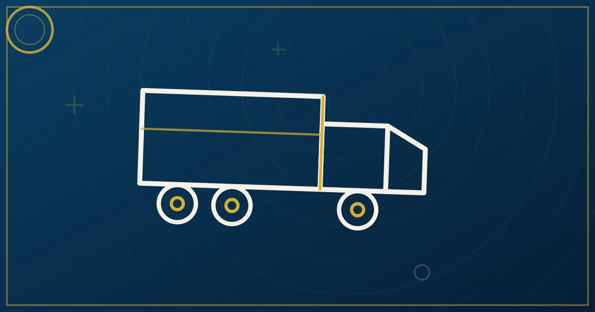 Lapis-blue and gold abstract art of a semi truck on a desert highway toward a sprawling warehouse district