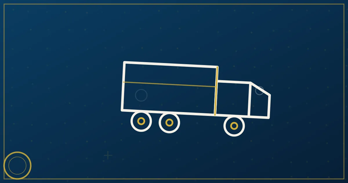 Lapis-blue and gold abstract art of a semi truck on a highway through rolling bluegrass pastureland with white fences