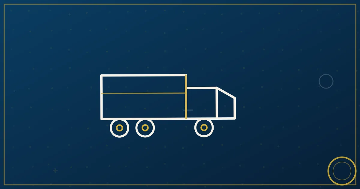 Lapis-blue and gold semi-truck illustration near the Little Rock skyline and Arkansas River bridges, no text