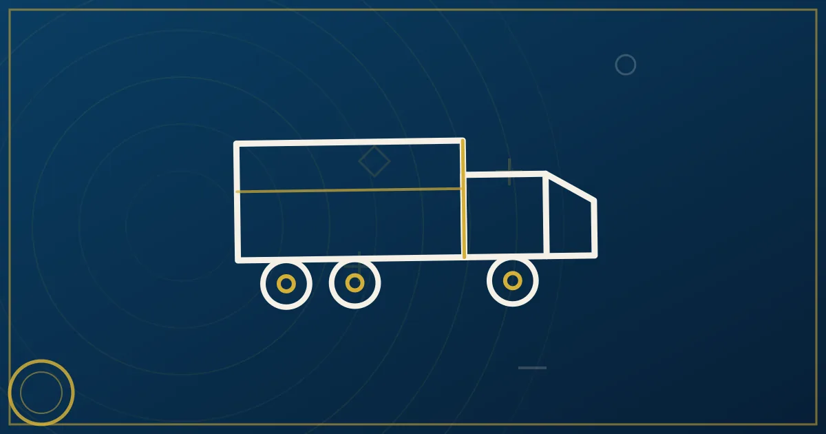 Lapis-blue and gold abstract art of a semi truck near the downtown LA skyline and port cranes of San Pedro Bay