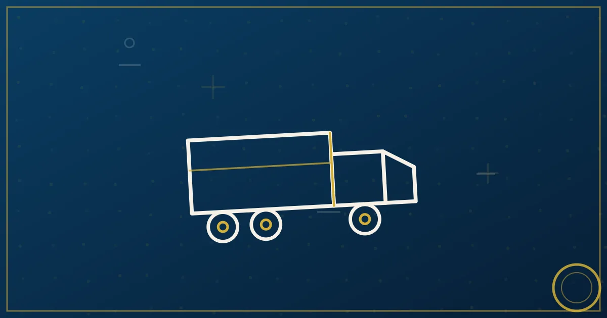 Lapis-blue and gold abstract art of a semi truck on a straight highway through vast cotton fields under a wide sky