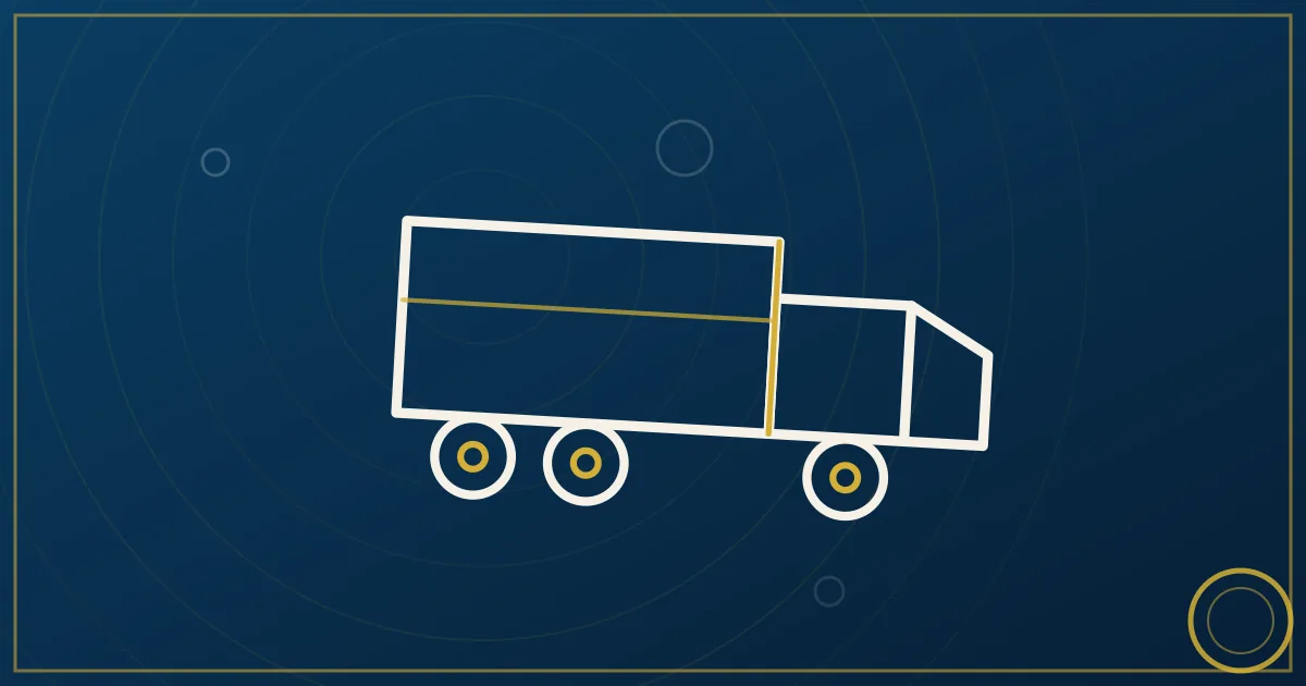 Lapis-blue and gold abstract art of a semi truck near the downtown Miami skyline and Biscayne Bay