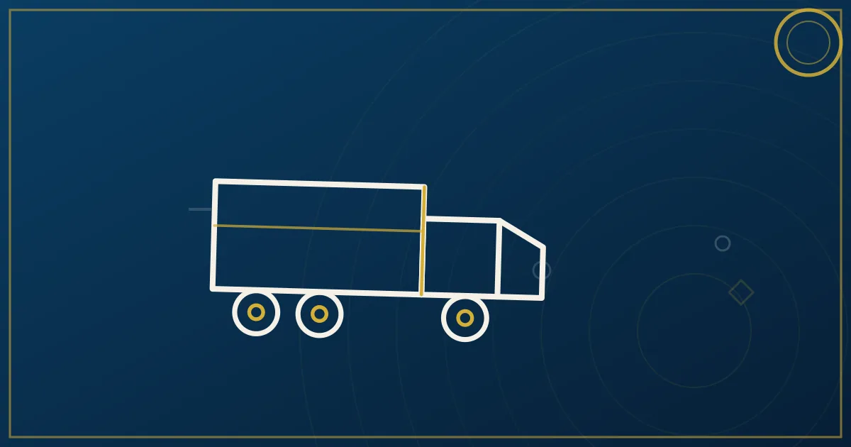 Lapis-blue and gold abstract art of a semi truck near the Milwaukee skyline and Lake Michigan shoreline