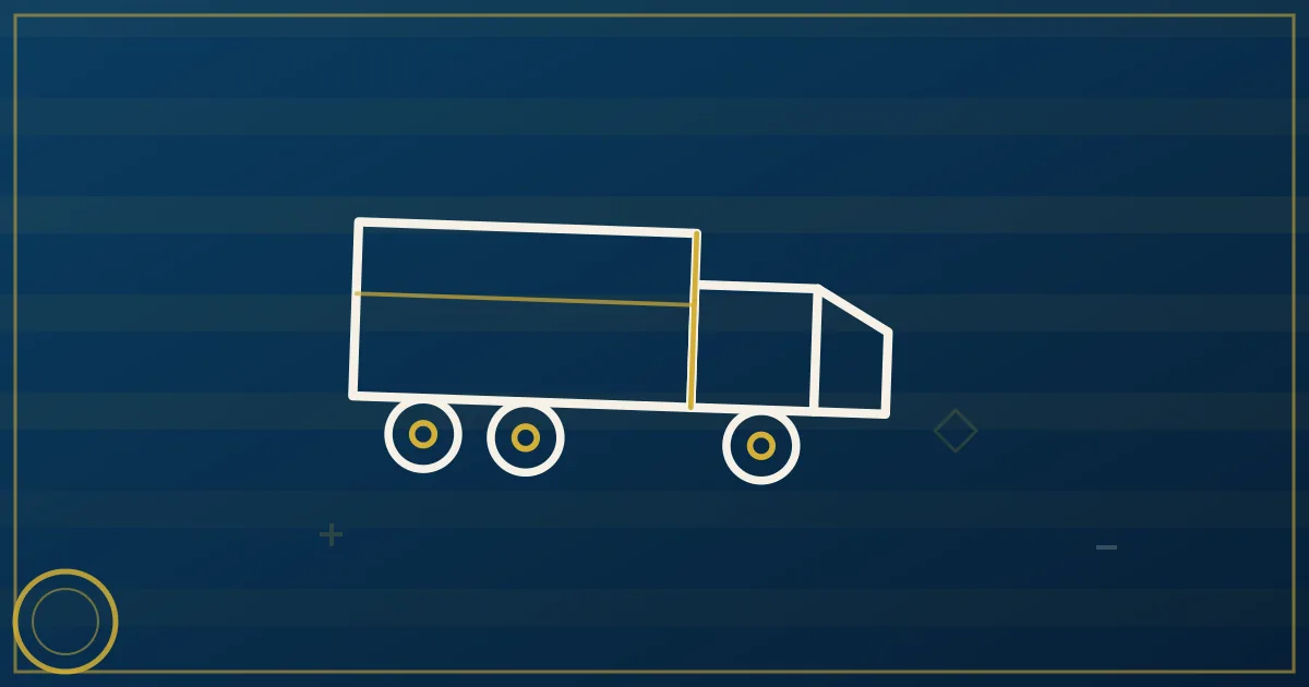 Lapis-blue and gold abstract art of a semi truck near the downtown Minneapolis skyline and Mississippi River