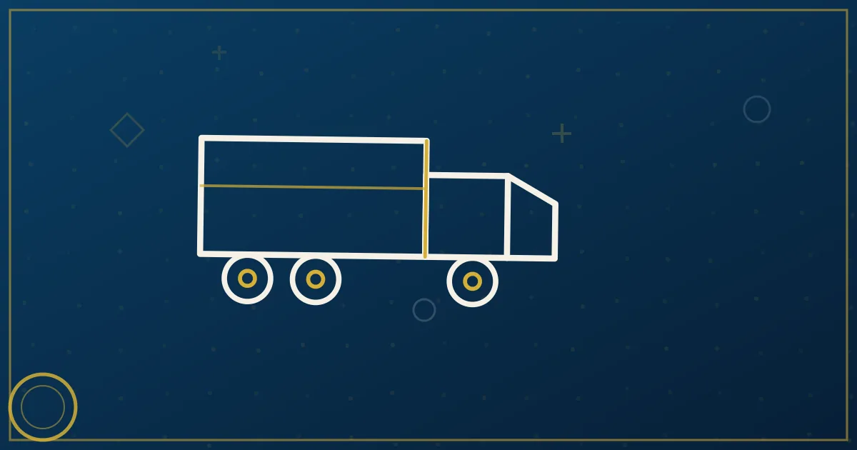 Lapis-blue and gold semi-truck illustration near the Mobile skyline and Mobile Bay causeway, no text