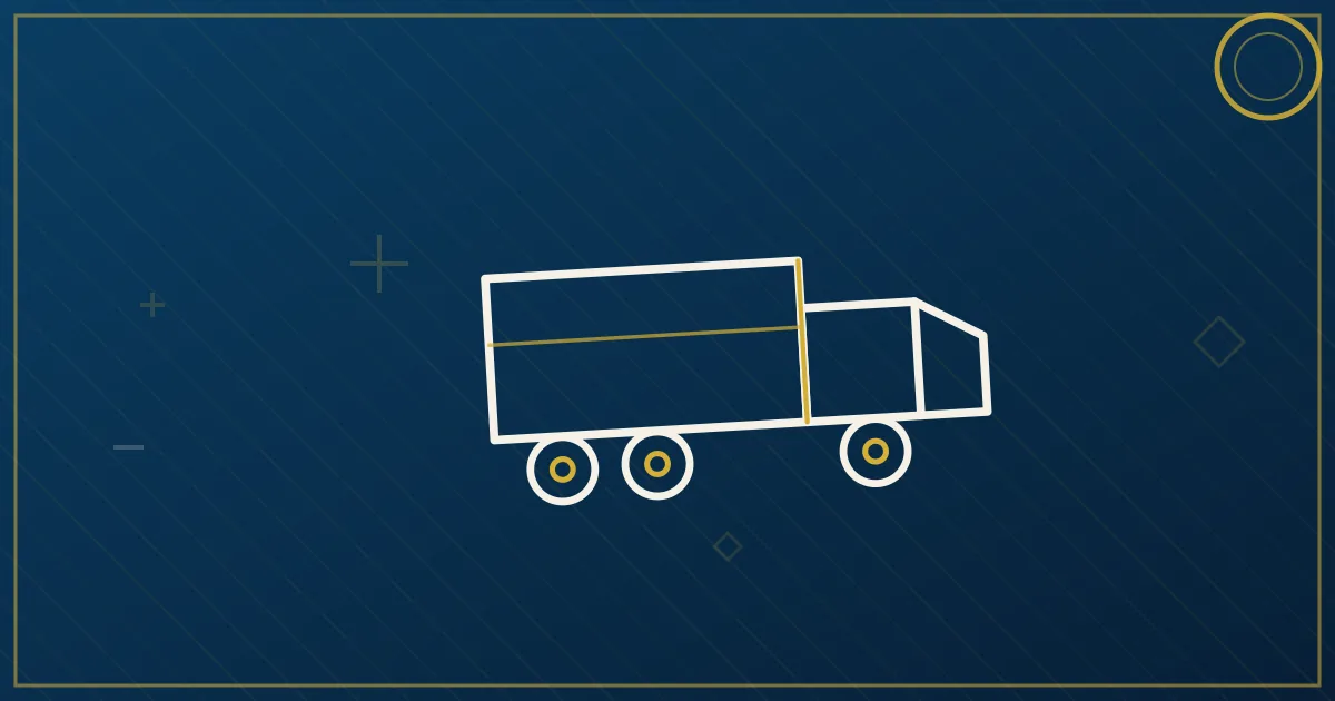 Lapis-blue and gold illustration of a semi truck on a highway stretching to the horizon at dawn