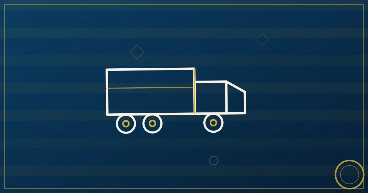 Lapis-blue and gold abstract art of a semi truck near the Oakland skyline and Bay Bridge