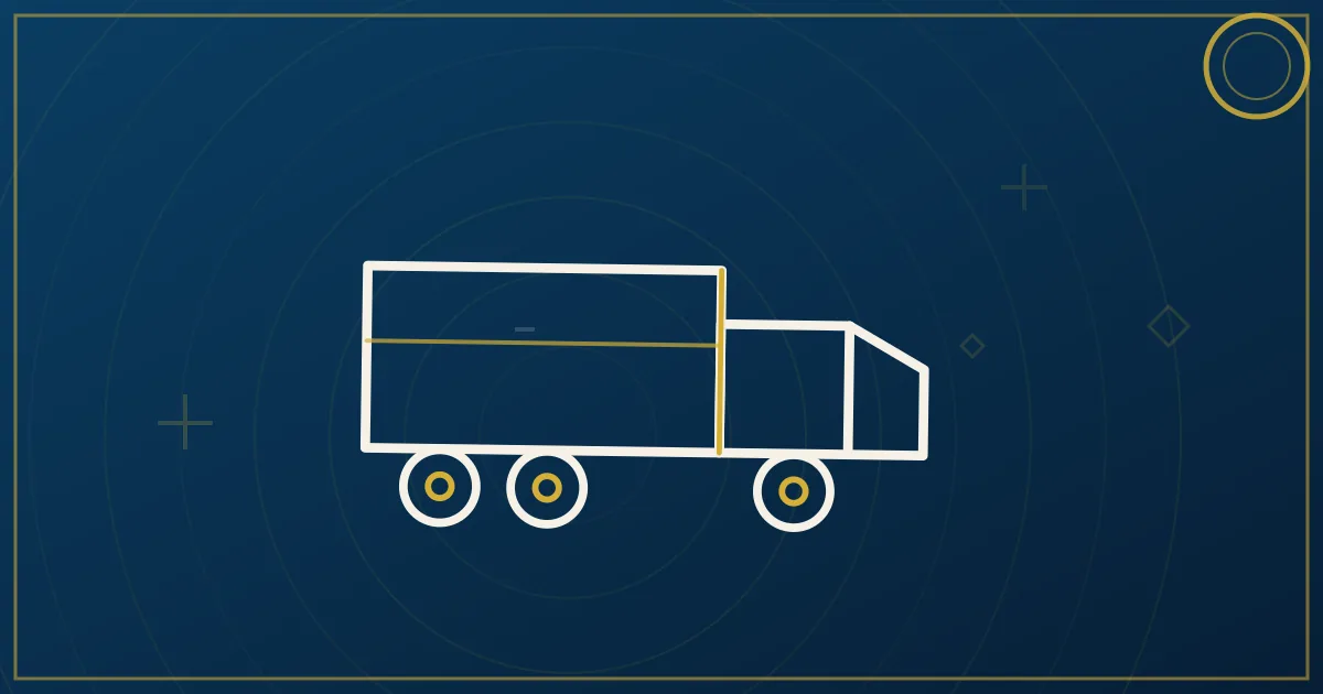 Lapis-blue and gold abstract art of a semi truck near the downtown Orlando skyline and Lake Eola