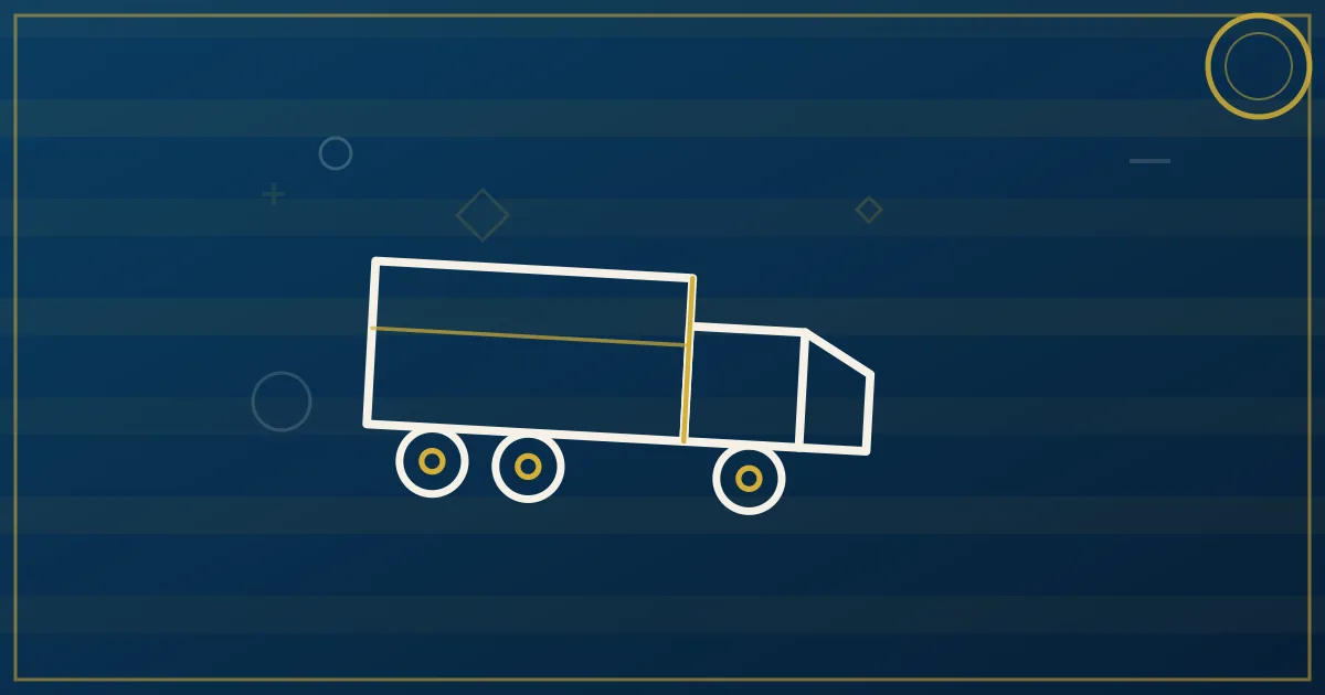 Lapis-blue and gold abstract art of a semi truck near the Philadelphia skyline and Delaware River waterfront