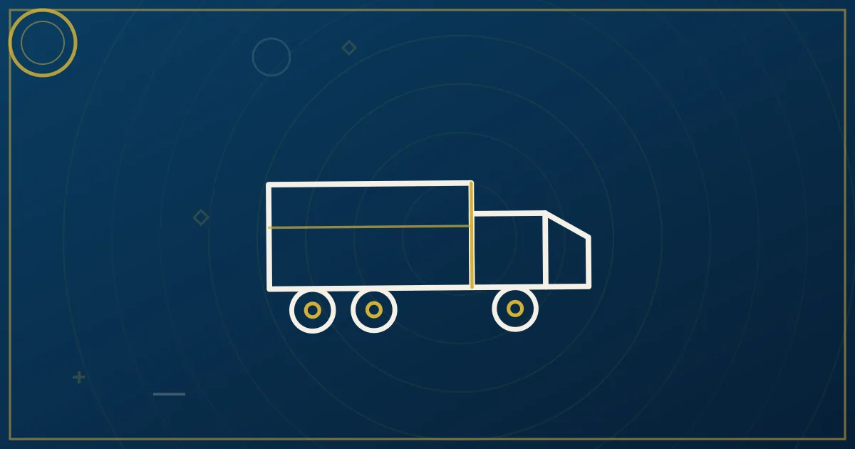 Lapis-blue and gold abstract art of a semi truck near the desert skyline and Camelback Mountain