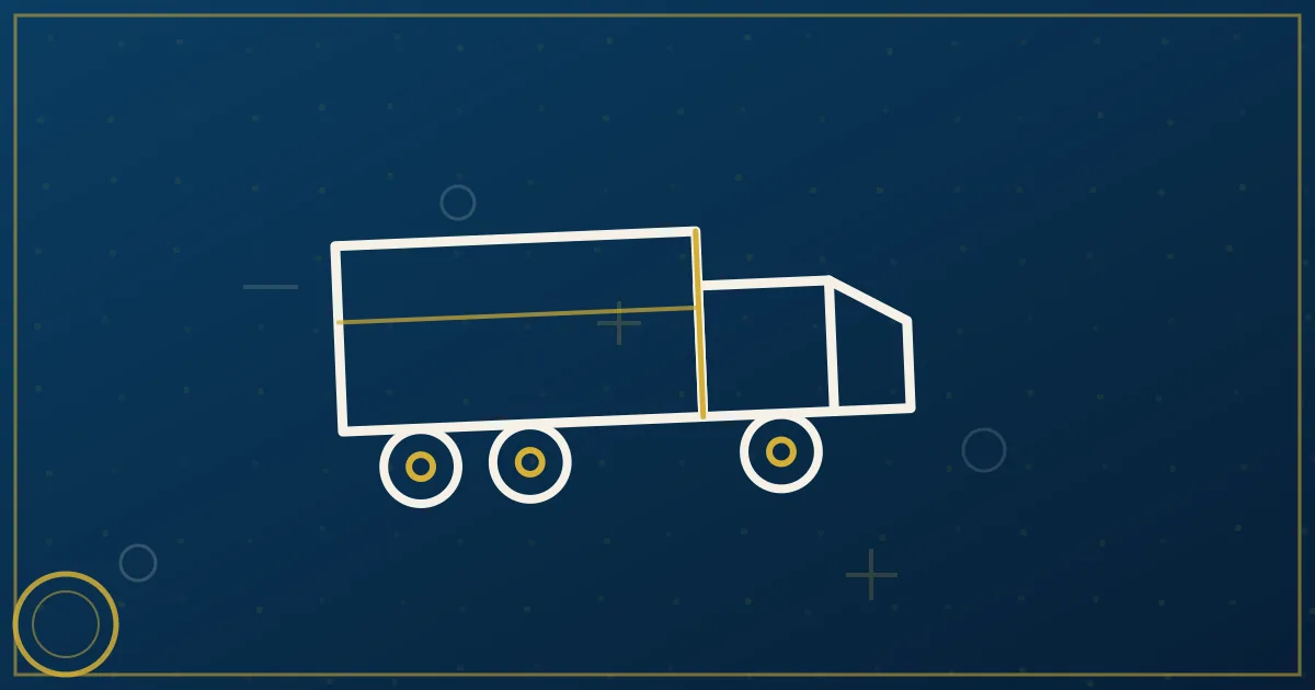 Lapis-blue and gold abstract art of a semi truck on a coastal highway near a working harbor at sunrise
