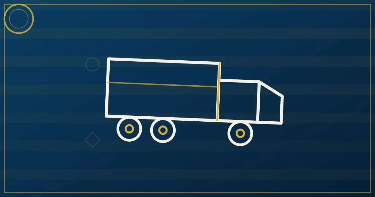 Lapis-blue and gold semi-truck illustration near the Reno skyline and Sierra Nevada, no text