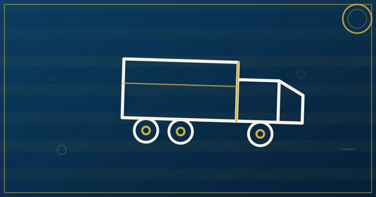 Lapis-blue and gold abstract art of a semi truck on a toll highway through snowy upstate farmland