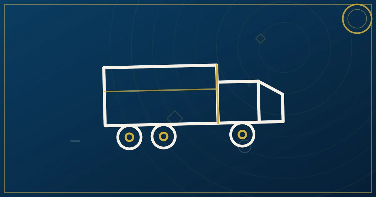 Lapis-blue and gold semi-truck illustration near the Salt Lake City skyline and Wasatch Range, no text