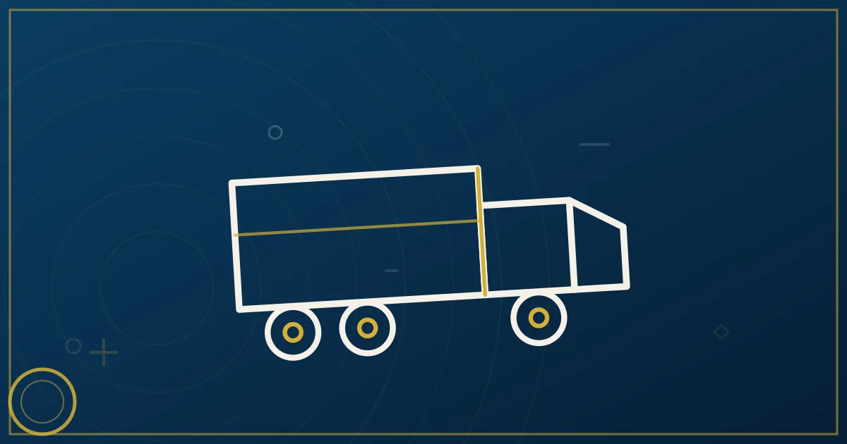Lapis-blue and gold abstract art of a semi truck near the Golden Gate Bridge and downtown San Francisco skyline